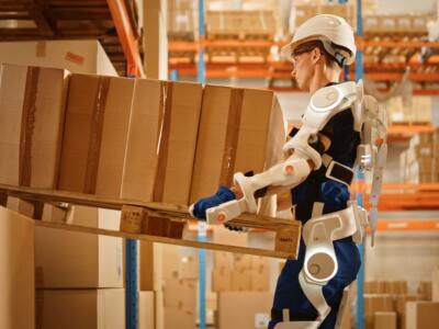 Un lavoratore con un esoscheletro lombare
