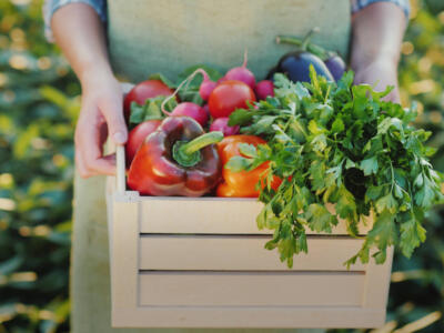 Una donna porta una cassetta di verdura fresca