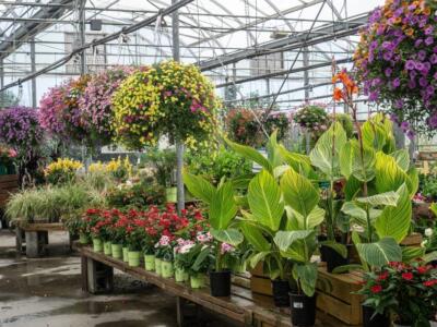 Una serra con piante e fiori