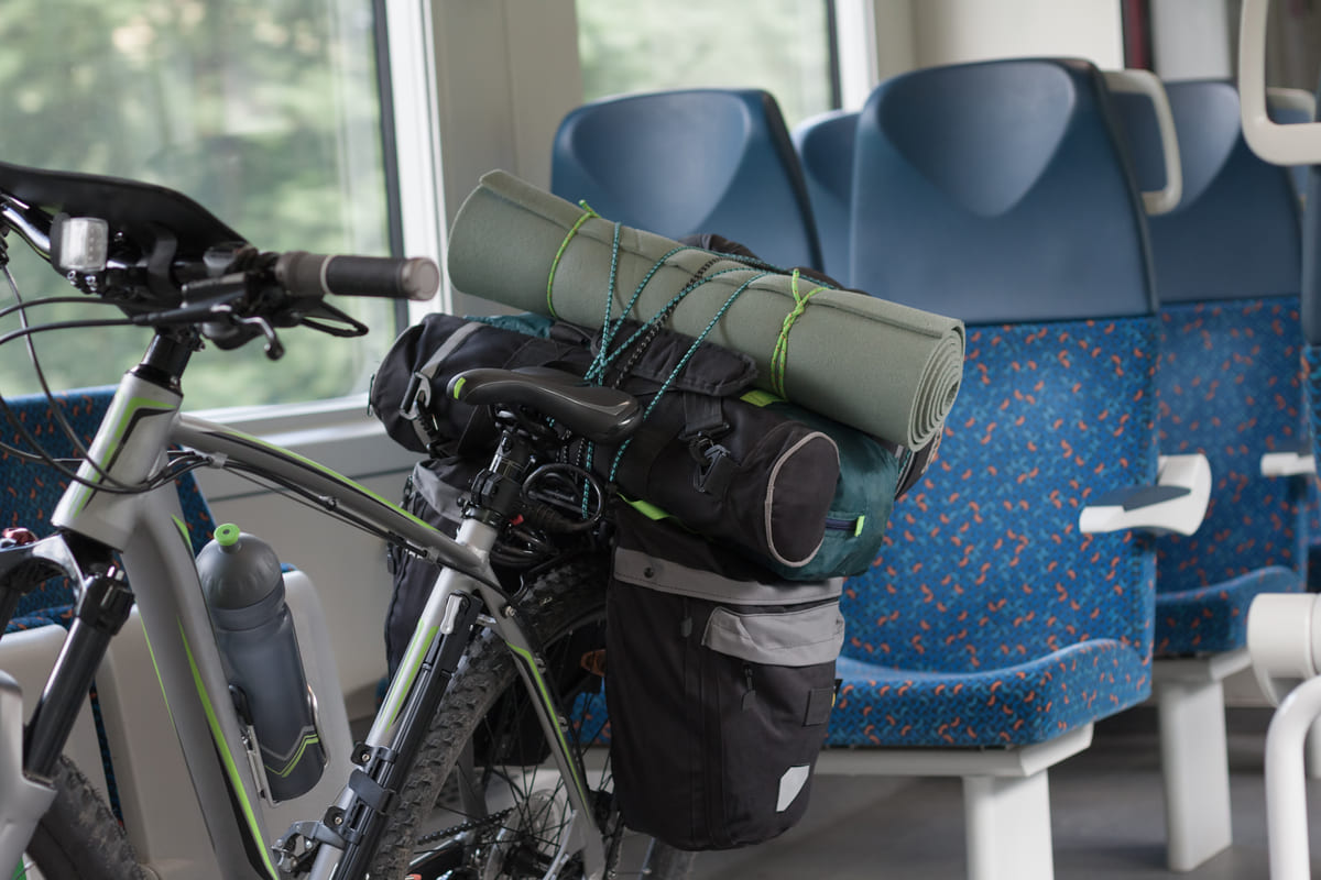 Un passeggero carica bici e bagaglio in treno