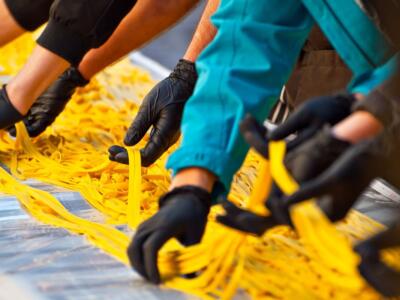 Operai di una fabbrica di pasta producono tagliatelle