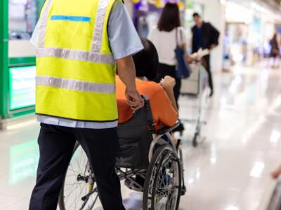 Una persona disabile accompagnata in aeroporto