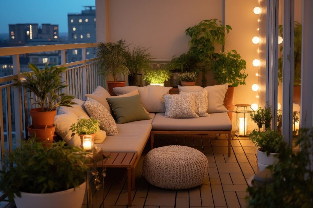 Balcone arredato con divano, cuscini e piante decorative