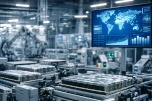 Fabbrica di batterie auto e grafico andamento economico