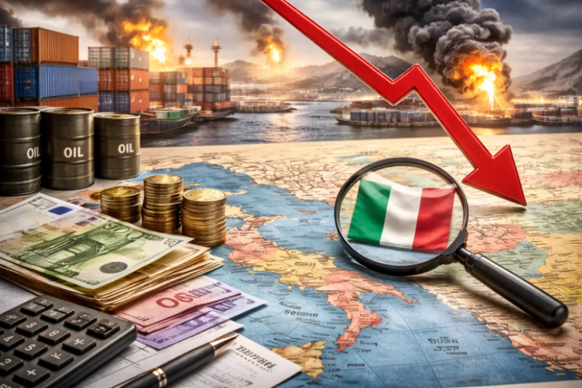 mappa dell’Italia con euro, petrolio e grafico economico in calo per l’impatto della guerra in Medio Oriente sull’export