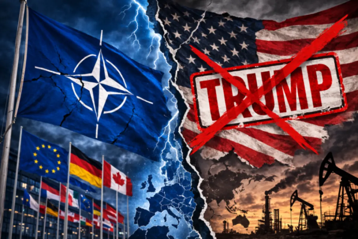 Bandiera della NATO contrapposta alla bandiera degli Stati Uniti con riferimento allo scontro politico sulle sanzioni al petrolio russo