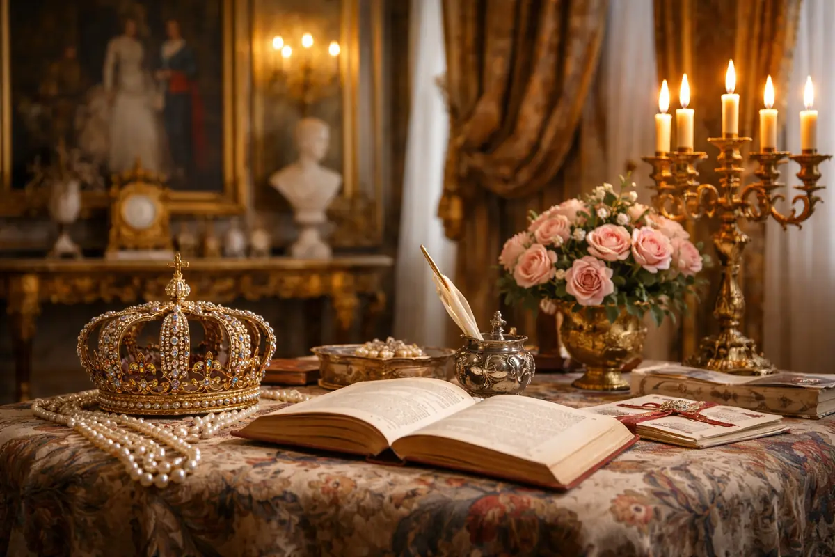 Interno aristocratico con corona, gioielli e oggetti d’arte in palazzo storico