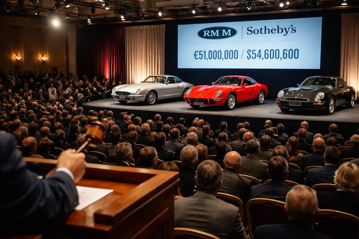 Asta internazionale di auto di lusso con modelli storici battuti al martello davanti a collezionisti e pubblico