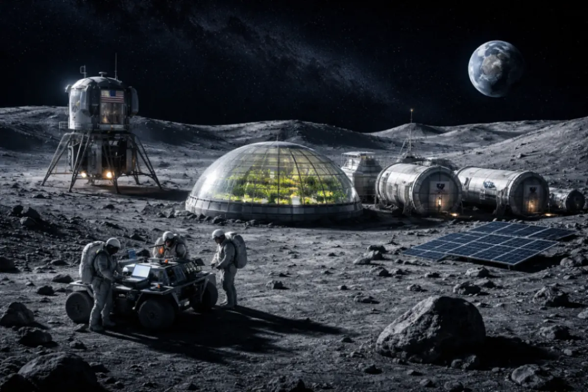 Piccola base NASA sulla superficie della Luna con astronauti e moduli abitativi illuminati