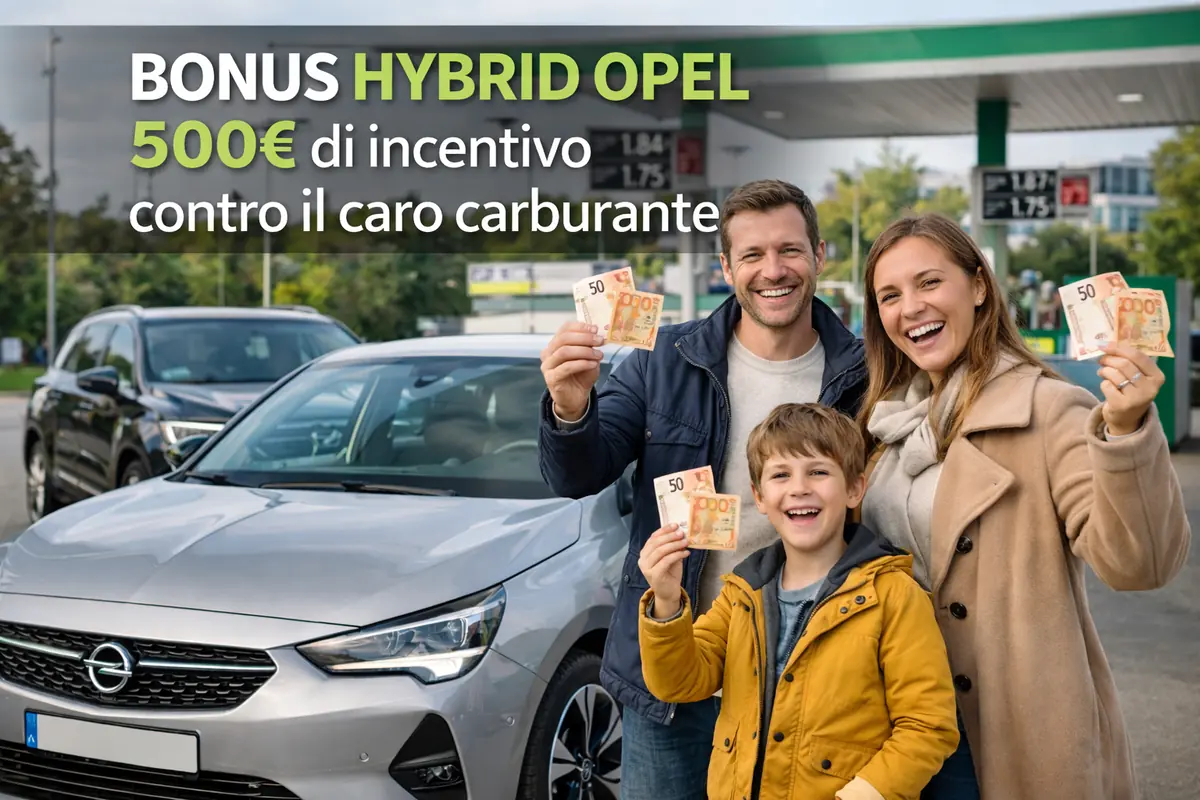 Famiglia felice con banconote euro vicino a un’auto Opel davanti a una stazione di servizio per il Bonus Hybrid Opel da 500 euro contro il caro carburante
