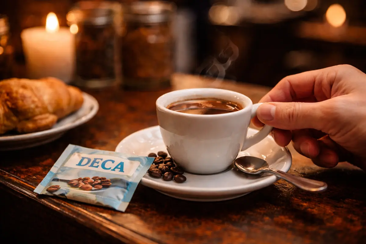 tazzina di caffè decaffeinato servita al bar durante la sera