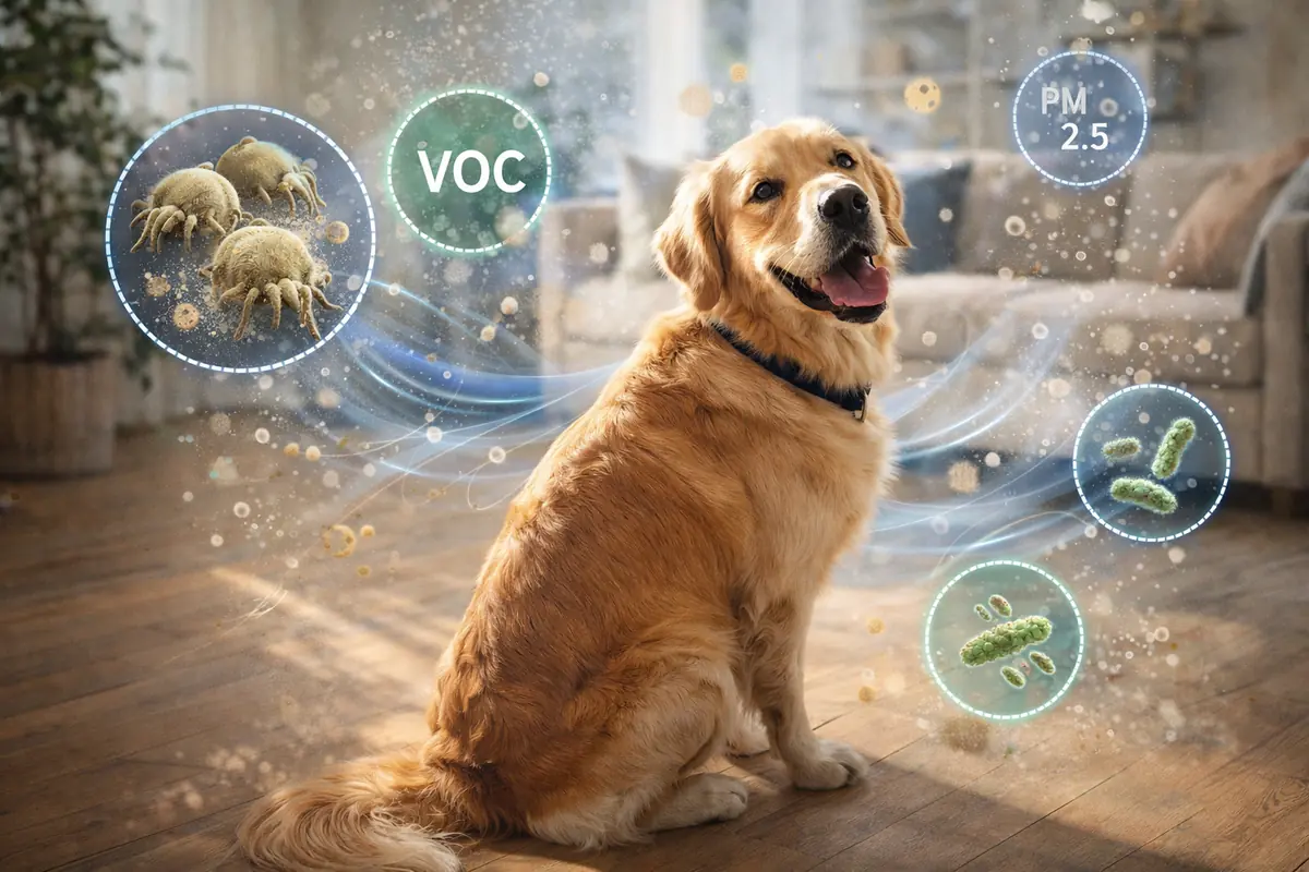 Cane in casa con rappresentazione di particelle e batteri nell’aria domestica