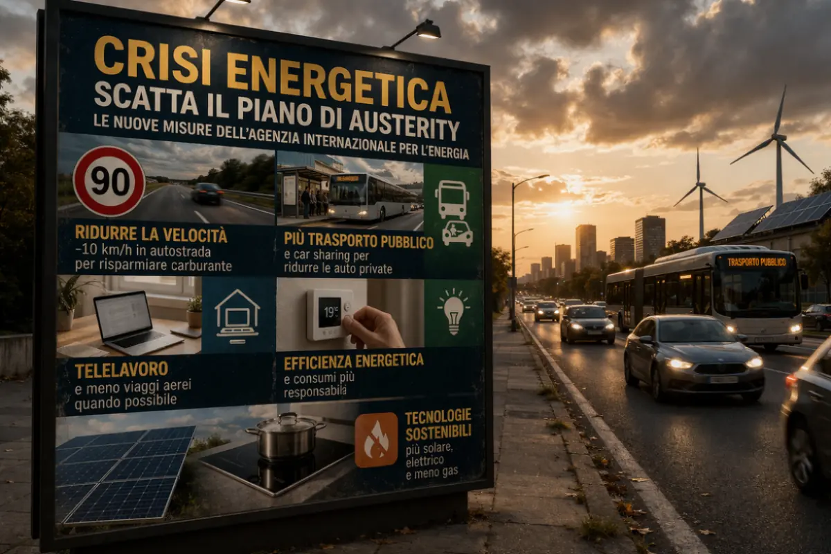 Cartellone su crisi energetica con misure AIE e traffico urbano tra auto, bus e energie rinnovabili