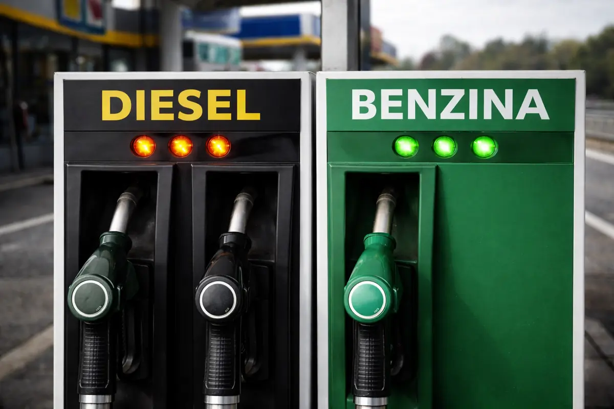 Pompe di carburante diesel e benzina in una stazione di servizio con il diesel più caro della benzina