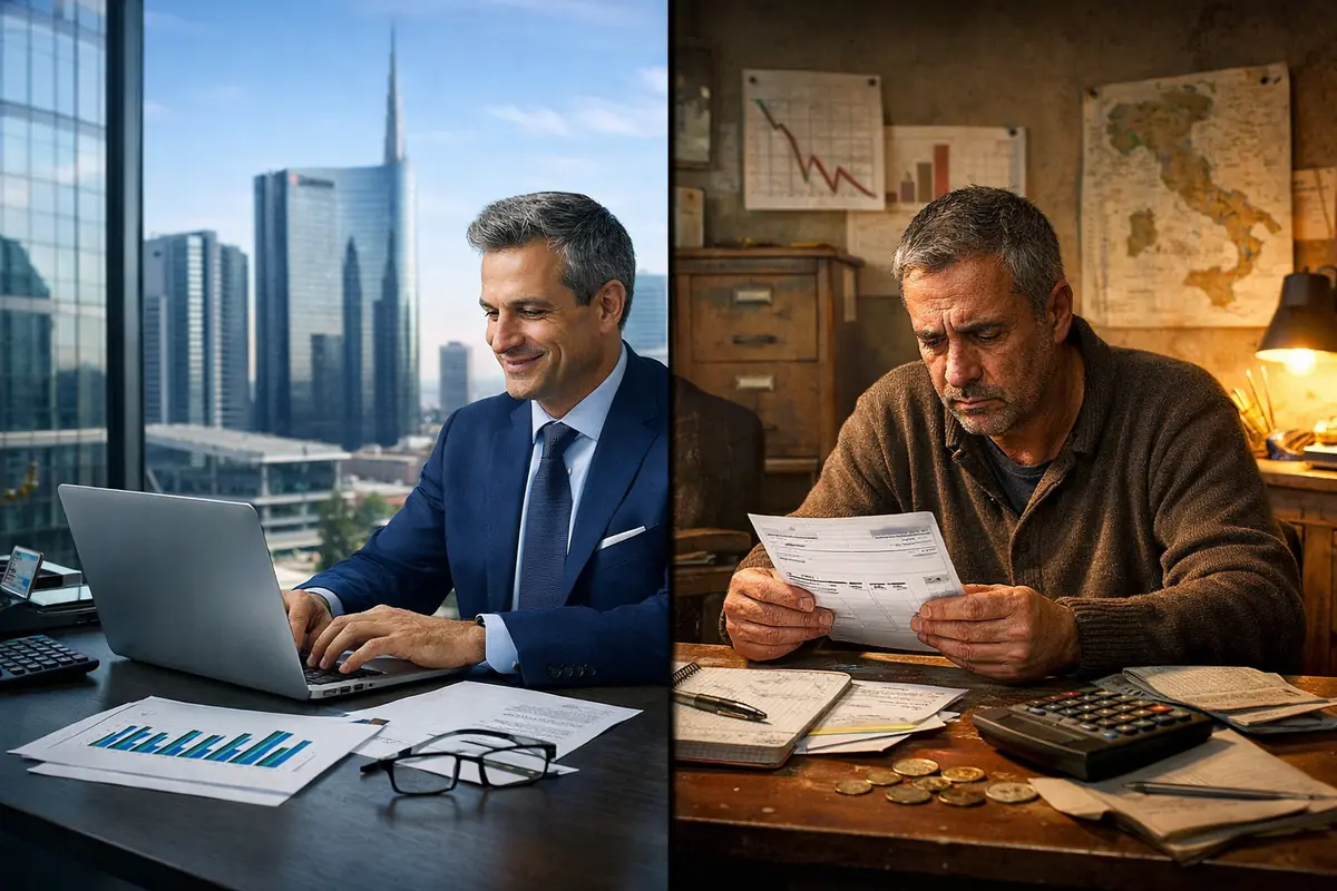 Differenza salariale tra Nord e Sud Italia con lavoratore in ufficio moderno e lavoratore in ambiente modesto