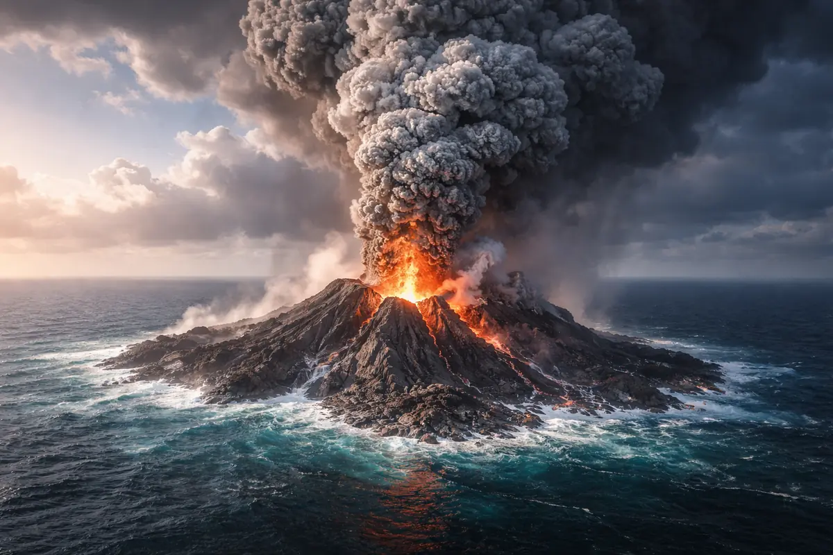 Eruzione del vulcano Kikai in Giappone con colonna di cenere e lava nel mezzo dell’oceano