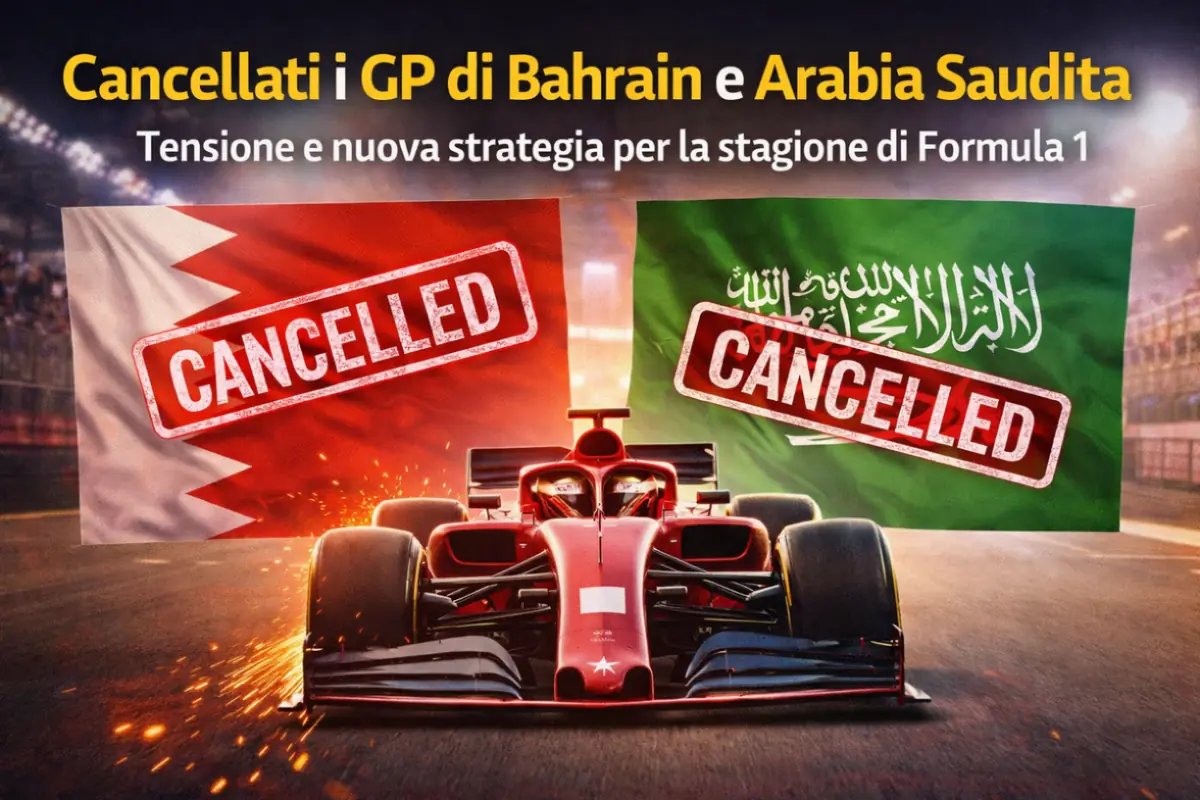 Formula 1 cancellazione Gran Premi Bahrain e Arabia Saudita con monoposto e bandiere