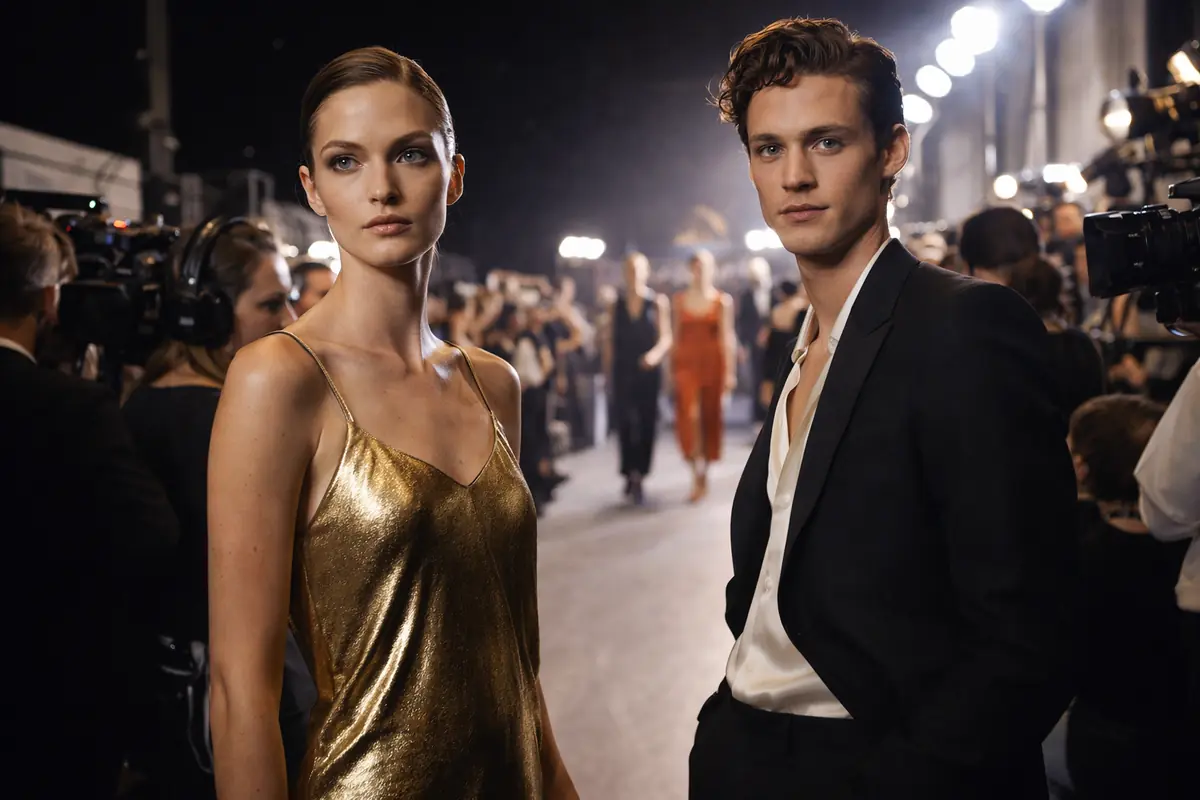 Modello e modella in posa su una passerella