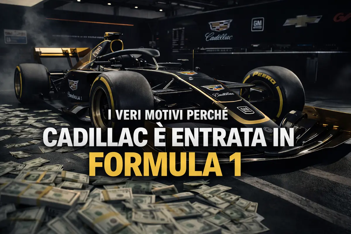 Monoposto Cadillac di Formula 1 in un garage con dollari a terra a rappresentare l’investimento di General Motors nel progetto F1