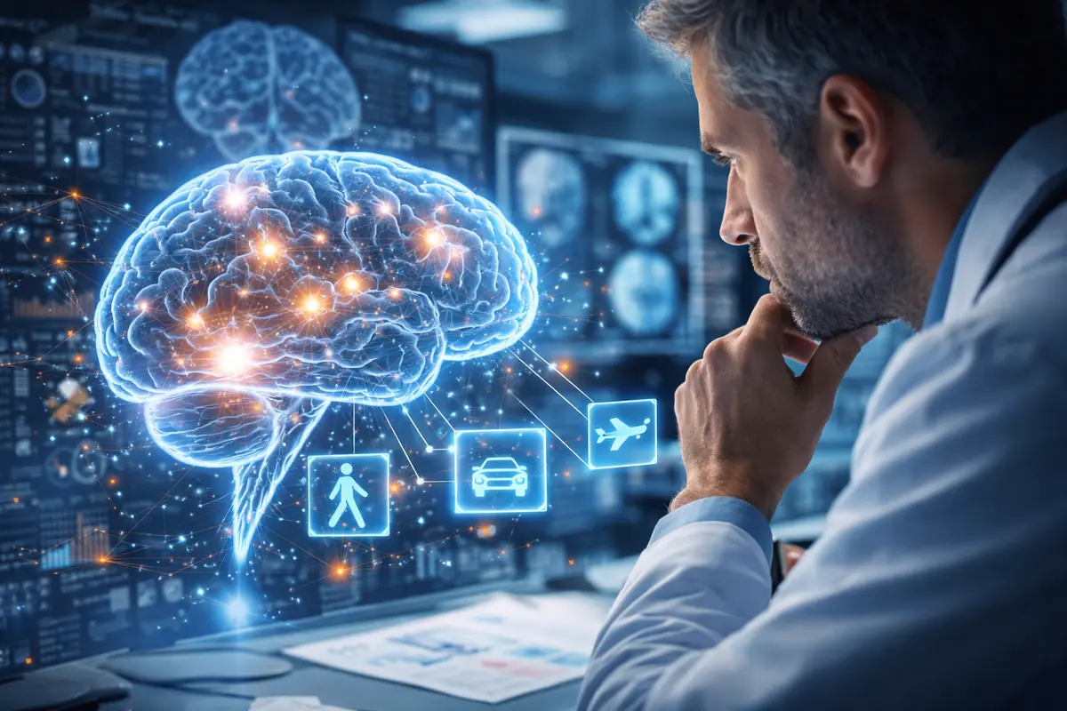 Persona osserva una rappresentazione del cervello che anticipa azioni future, simbolo del predictive processing nelle neuroscienze