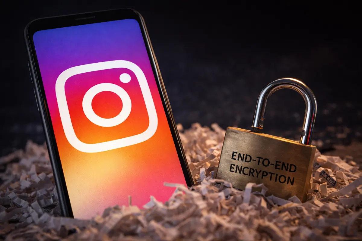 Smartphone con logo Instagram e lucchetto aperto che rappresenta la fine della crittografia end-to-end