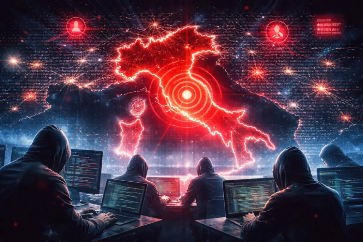 Mappa dell’Italia evidenziata come bersaglio di cyber attacchi con hacker al computer e rete digitale sullo sfondo