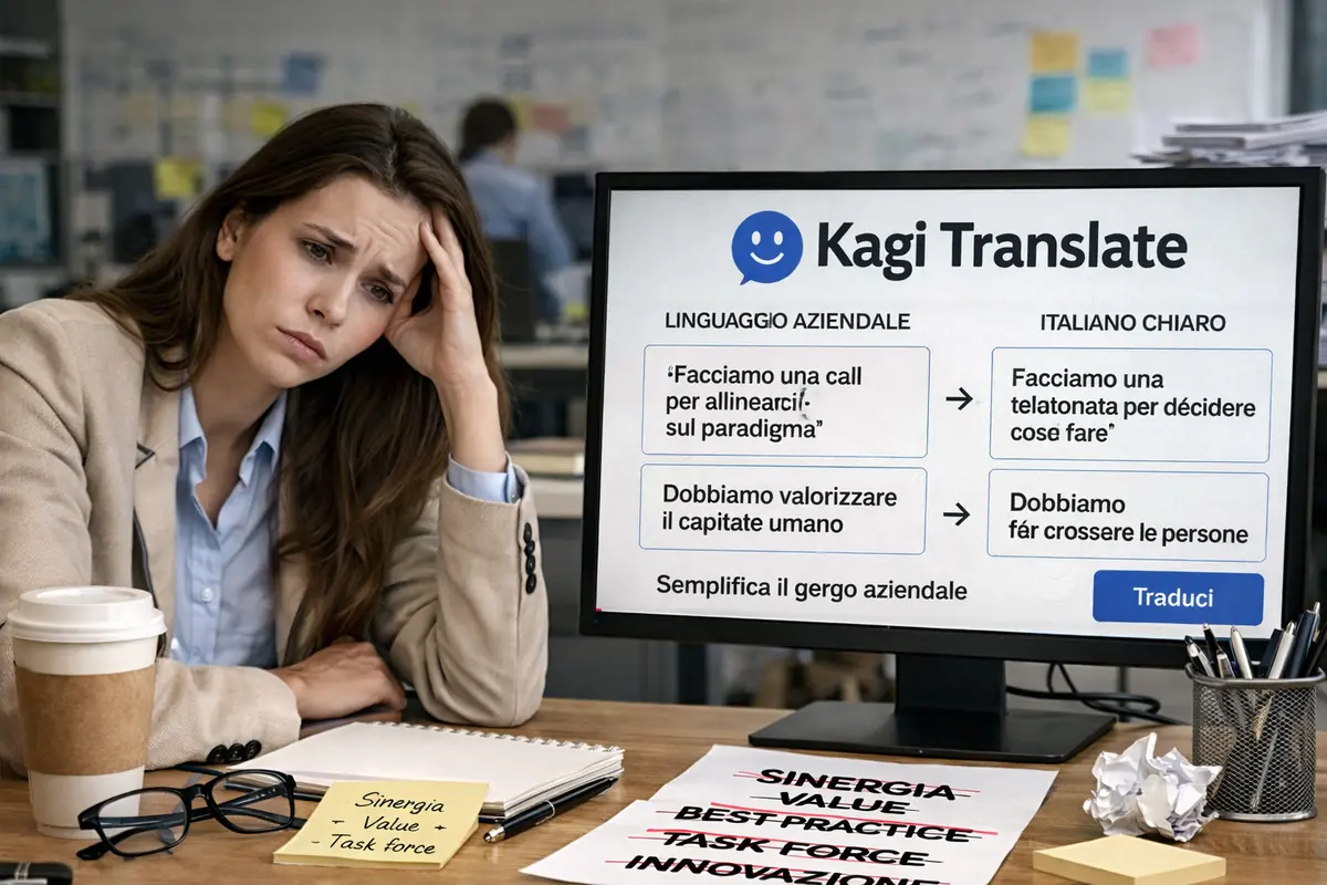 Donna in ufficio confusa davanti a traduzione del linguaggio aziendale semplificato su schermo