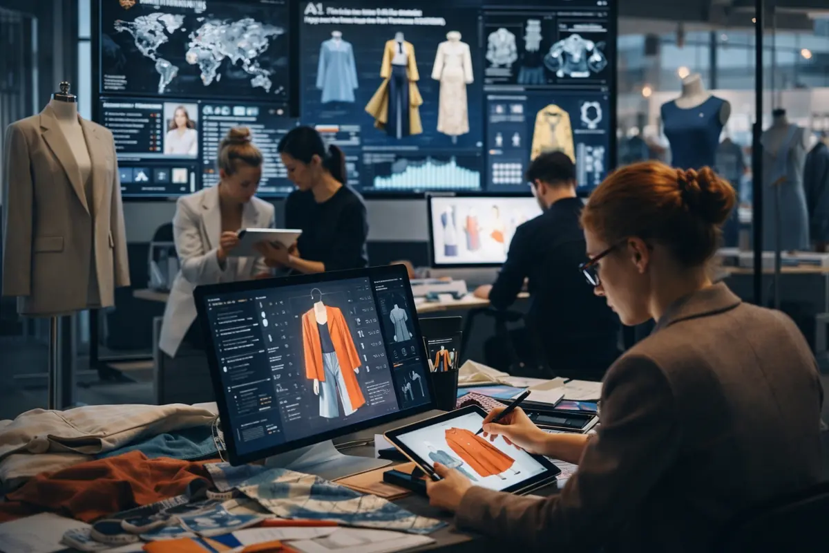 Designer di moda che utilizzano intelligenza artificiale e strumenti digitali in uno studio creativo nel settore fashion