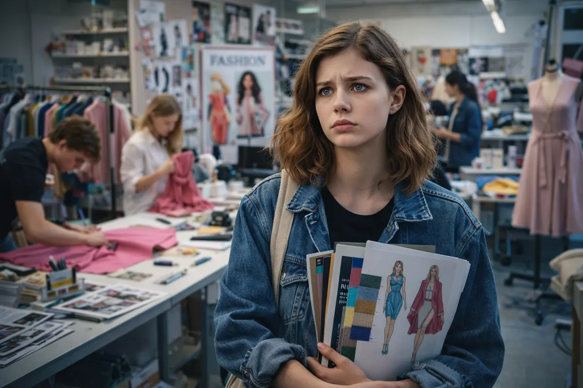 Giovane designer di moda con schizzi e tessuti in laboratorio durante il lavoro