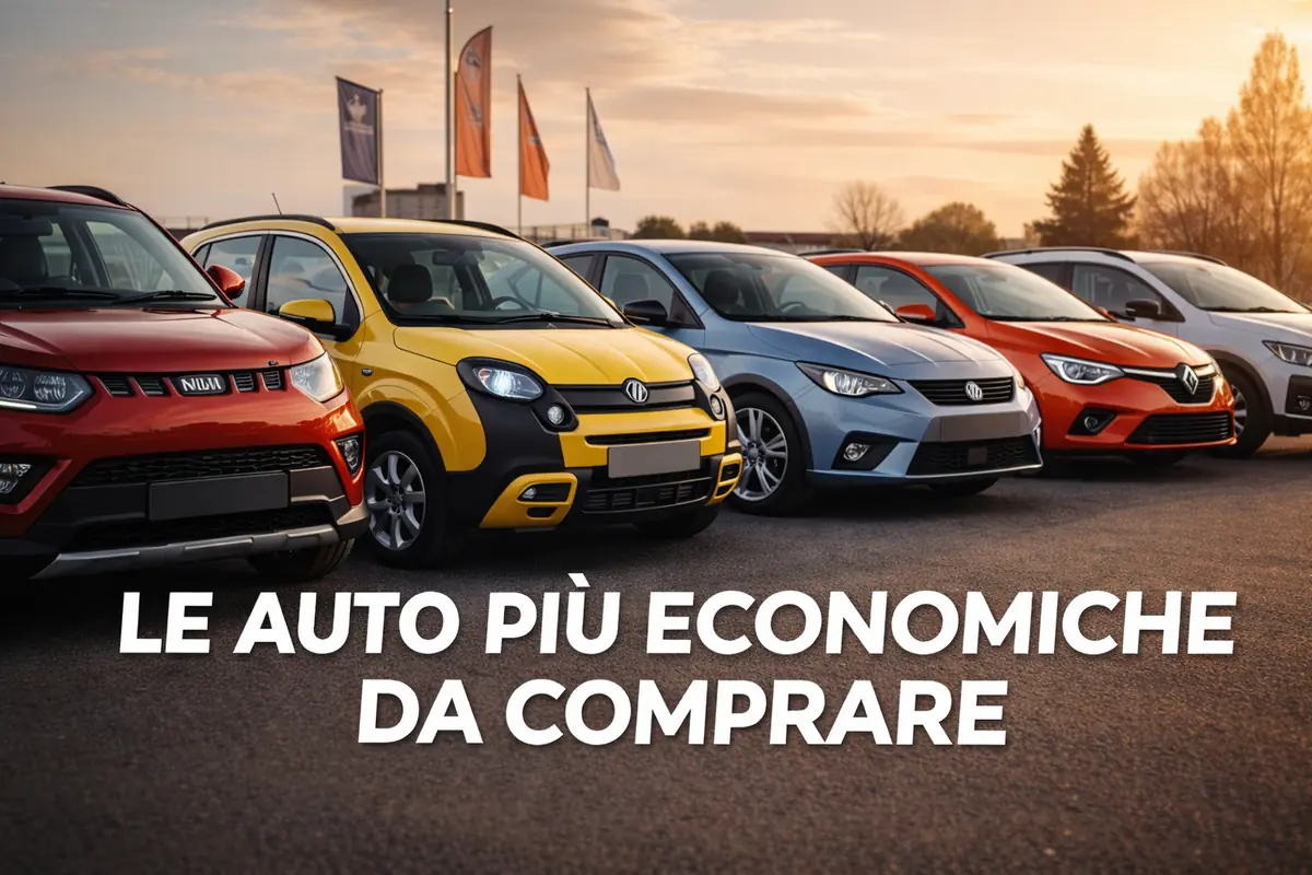 Utilitarie economiche parcheggiate davanti a una concessionaria rappresentano le auto più economiche da comprare nel 2026