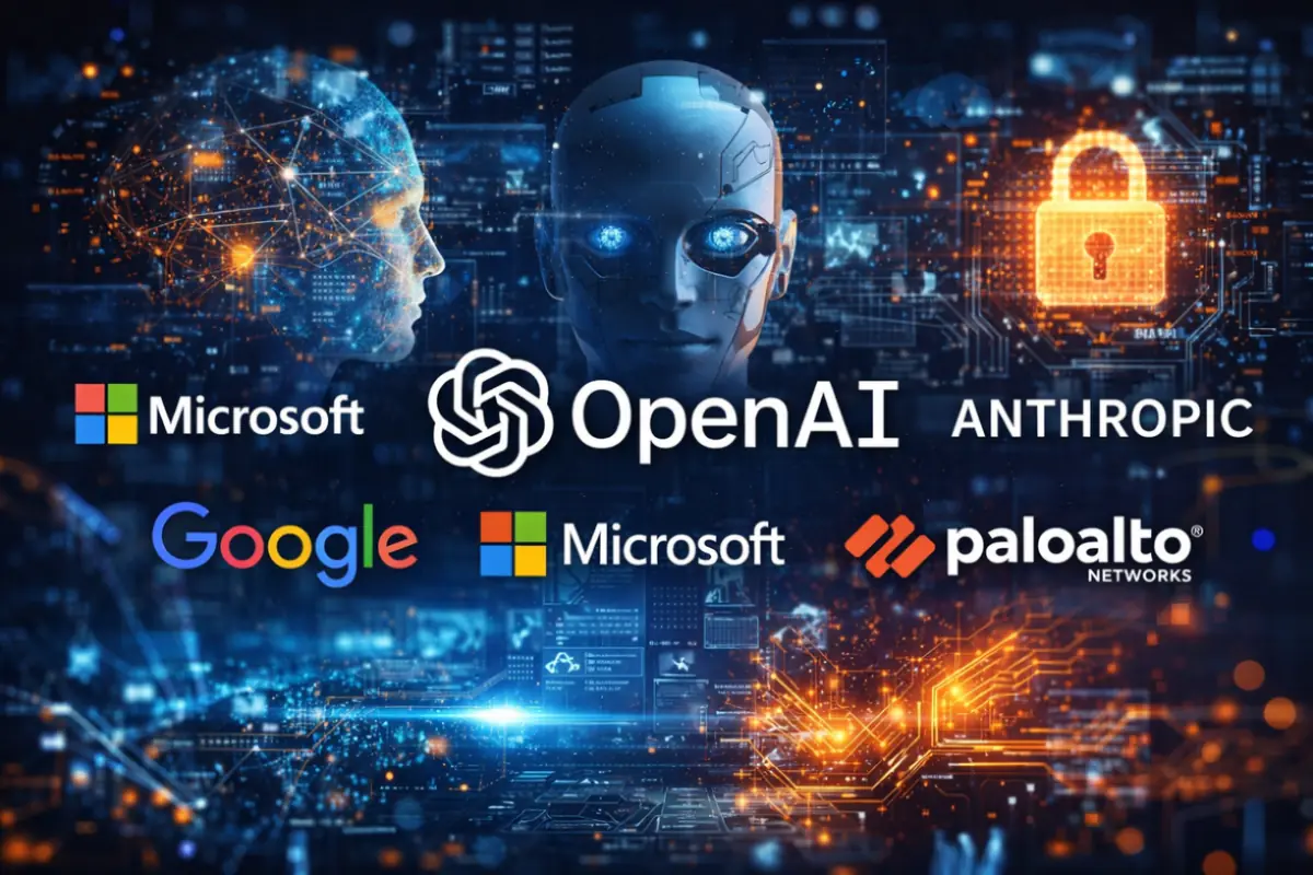 Rappresentazione dei leader dell’intelligenza artificiale con elementi digitali, cervello tecnologico e piattaforme AI