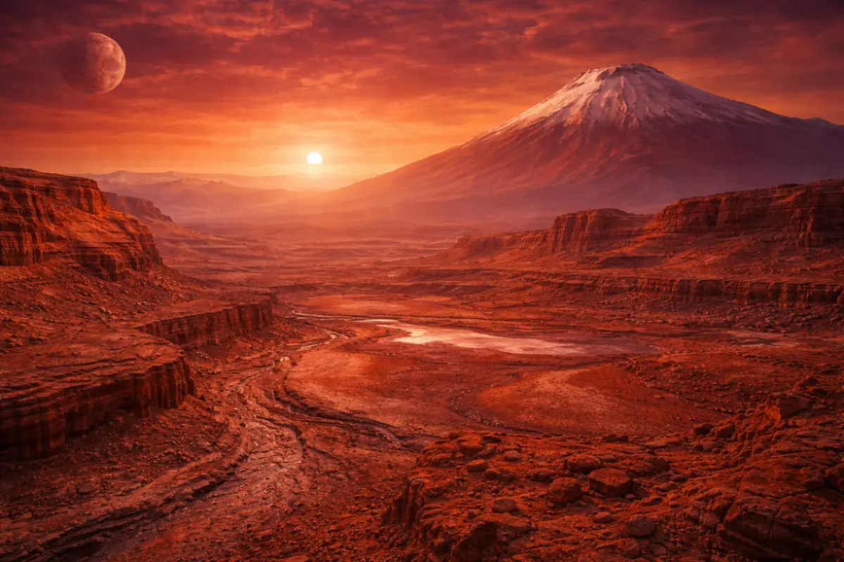 Paesaggio di Marte con canyon, vulcano e tracce di antichi fiumi nel pianeta rosso
