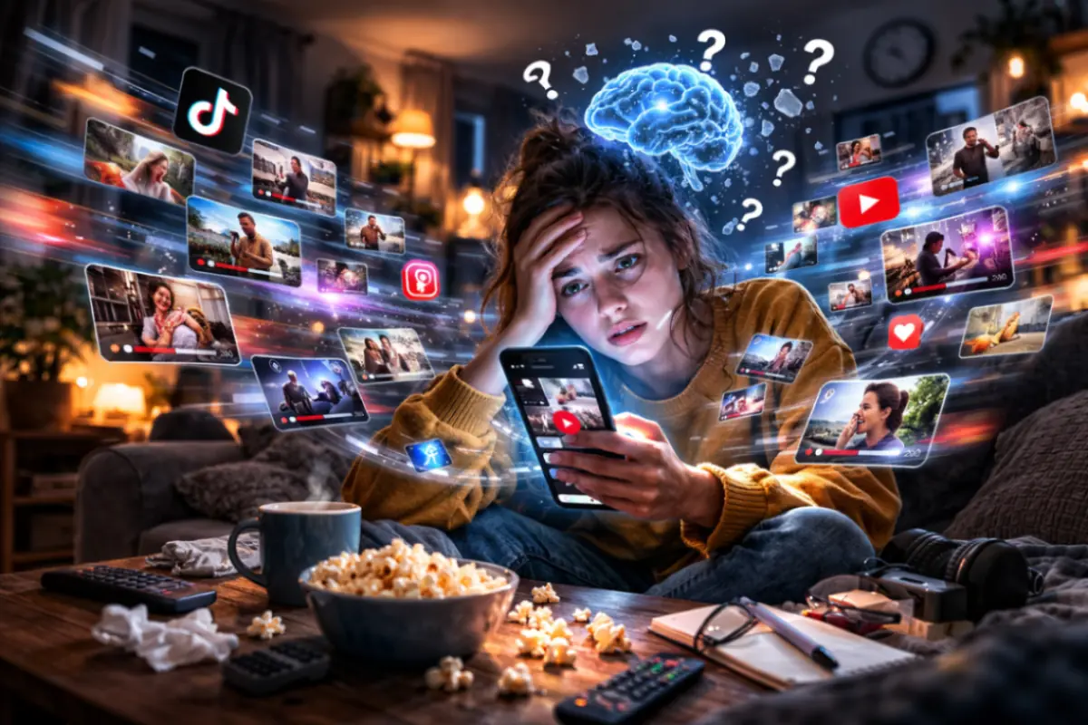 Ragazza stanca che scorre video sullo smartphone circondata da contenuti digitali, simbolo della difficoltà nel ricordare ciò che si guarda