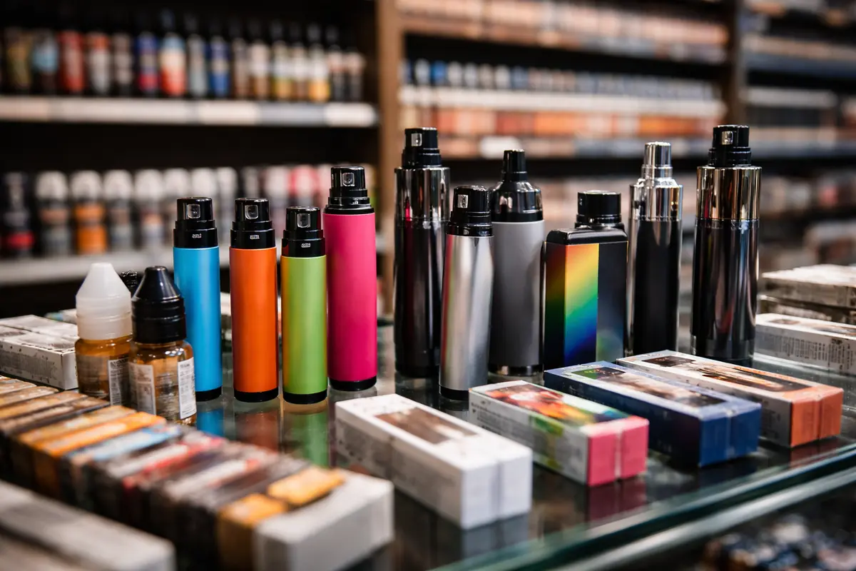 dispositivi per sigarette elettroniche esposti in un negozio di vaping in Europa