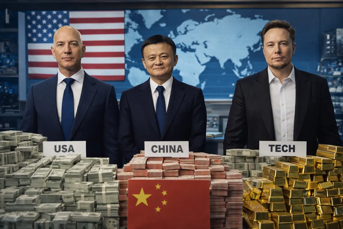 Rappresentazione della ricchezza globale con focus su Stati Uniti Cina e settore tecnologico