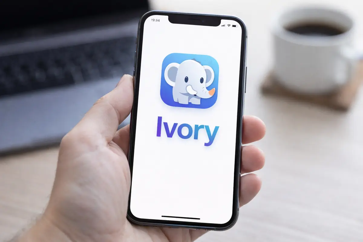 Smartphone con app Ivory aperta su schermo, social network alternativo a Twitter basato su Mastodon