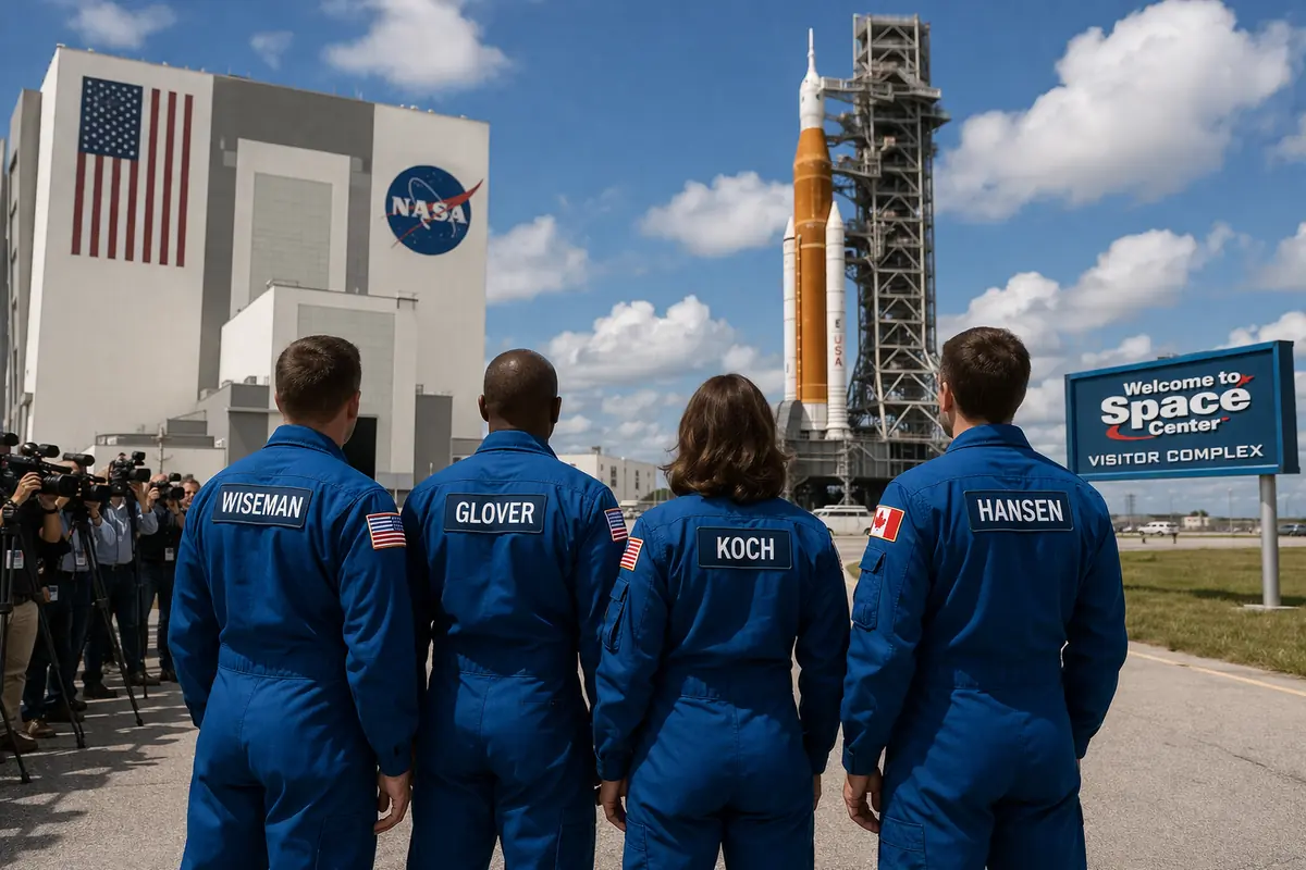 Astronauti Artemis II davanti al razzo SLS al Kennedy Space Center prima della missione lunare