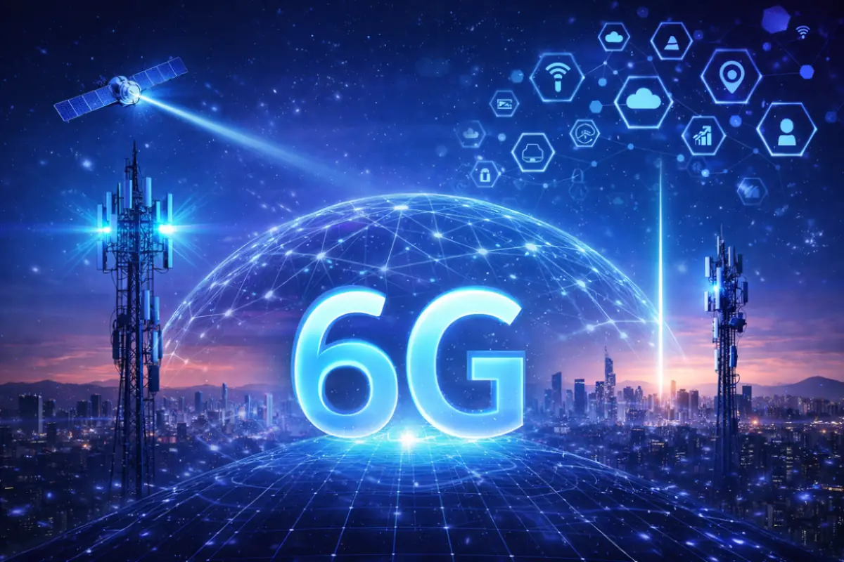 Tecnologia 6G con rete globale, antenne e connessioni digitali futuristiche in città smart