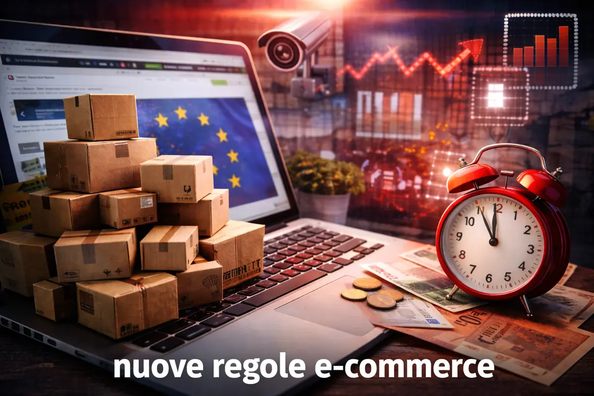 pacchi di spedizione e laptop che rappresentano le nuove regole europee per l’e-commerce