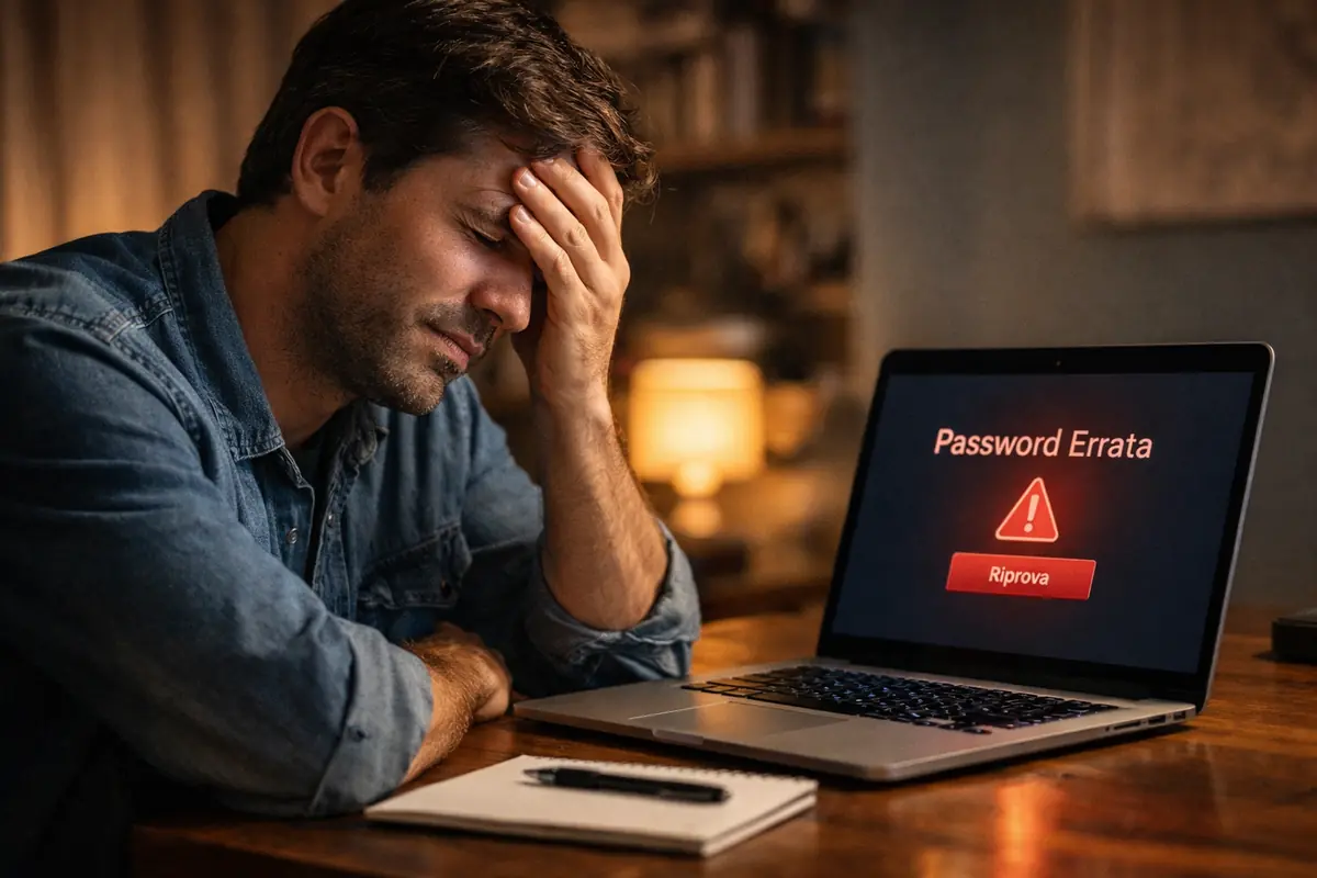 uomo che cerca di ricordare una password davanti al computer mentre pensa a un ricordo imbarazzante