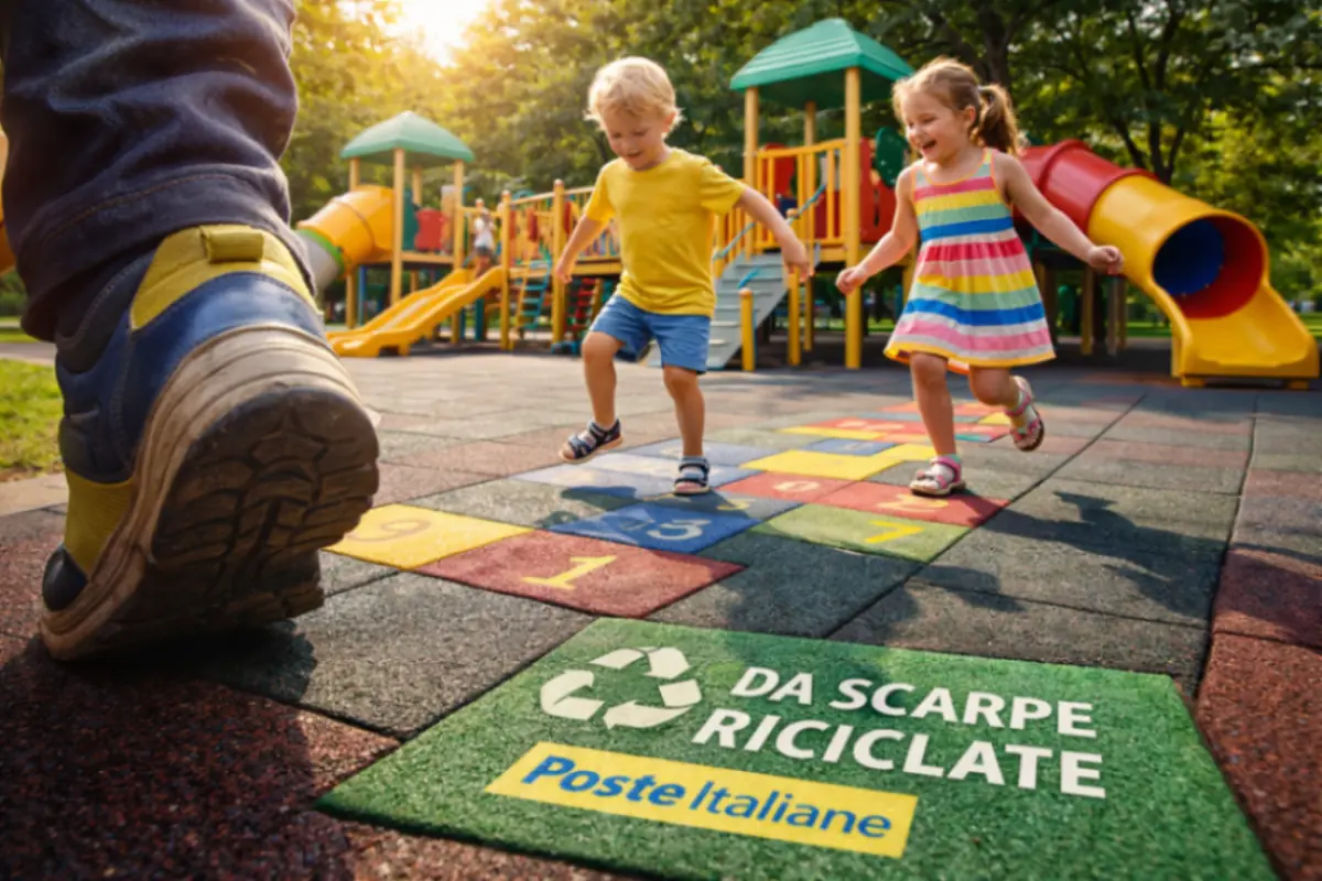 Bambini che giocano su pavimento antitrauma realizzato da scarpe riciclate Poste Italiane