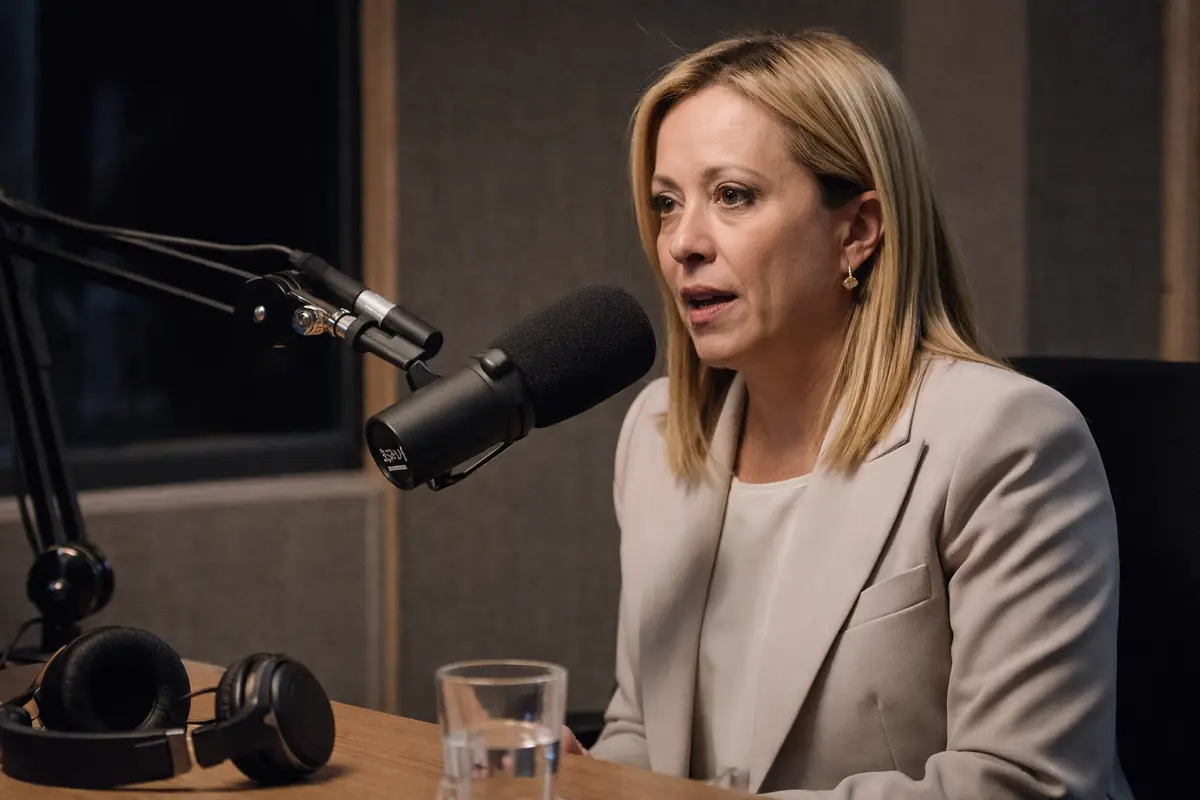 Giorgia Meloni durante un’intervista in podcast con microfono in studio radio