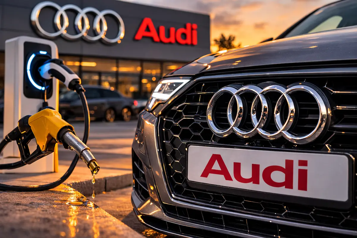Auto Audi con logo dei quattro anelli davanti a colonnina elettrica e pompa di benzina simbolo della strategia multi energia