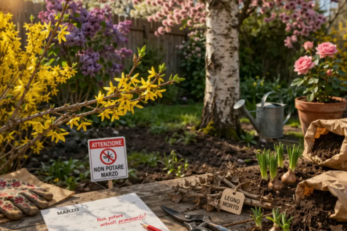 Giardino in primavera con attrezzi da potatura e cartello che indica di non potare a marzo