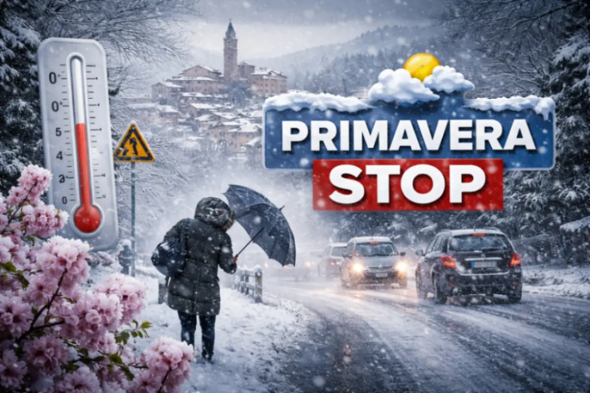 Paesaggio italiano con neve e freddo improvviso mentre la primavera viene interrotta, con persona sotto la neve e traffico su strada