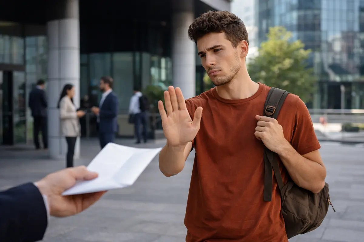 Giovane lavoratore che rifiuta un’offerta di lavoro davanti a un ufficio moderno