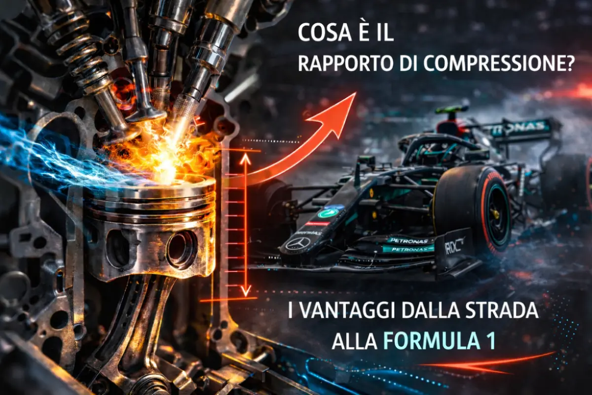 illustrazione tecnica del rapporto di compressione di un motore termico con pistone e combustione collegata alle prestazioni in Formula 1