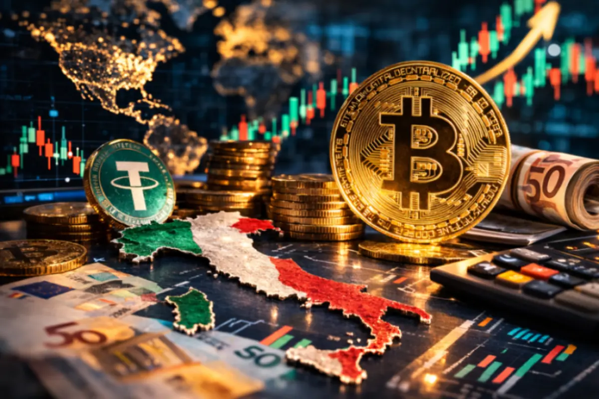 Bitcoin e criptovalute su grafici finanziari con banconote in euro, immagine che rappresenta la crescita delle criptovalute e delle grandi fortune nel settore crypto