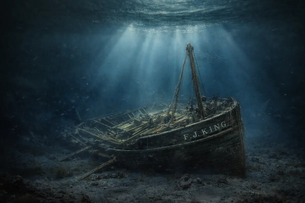 Relitto della F.J. King sul fondo del Lago Michigan illuminato da raggi di luce subacquei