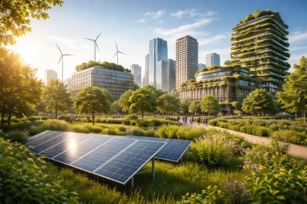 città sostenibile con pannelli solari, parco urbano e turbine eoliche